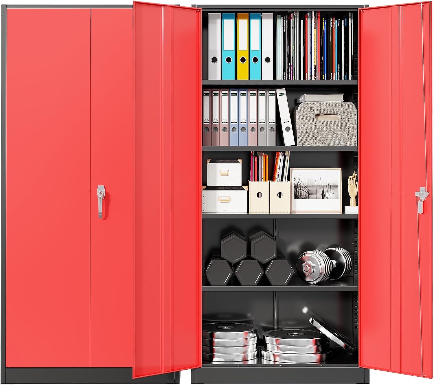 Home Office Organization - 頑丈な金属製ガレージ収納キャビネット、スチール製ロック式ユーティリティクローゼット、2つのドアと5つの調整可能な棚付き、家庭、オフィス、作業場の工具整理用、黒色