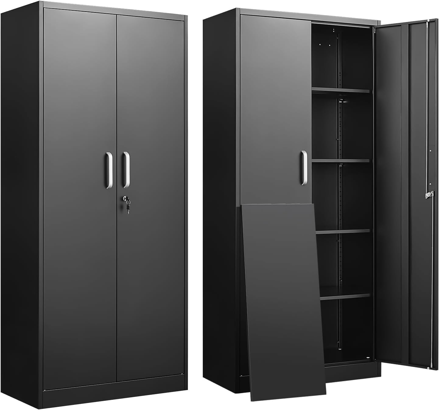 Home Office Kitchen - 調節可能な棚付き金属製収納キャビネット ドアと棚付きの黒いガレージキャビネット ホームオフィス用の大容量ファイルラック 背の高いキッチンパントリーロッカー ユーティリティ収納オーガナイザー