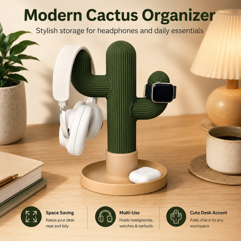 Home Office Organization - ミニマリストサボテン型ヘッドセットスタンド多用途デスクトップオーガナイザー（ヘッドホン、時計、イヤホン、学生寮、寝室、オフィス収納用）