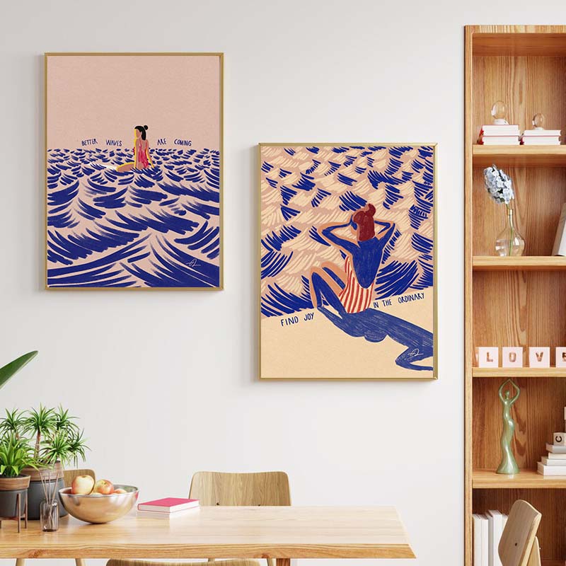 北欧ミニマリストアートサーフィンパドリング水泳海の波プリント - Home Office Minimalist のレビューと価格