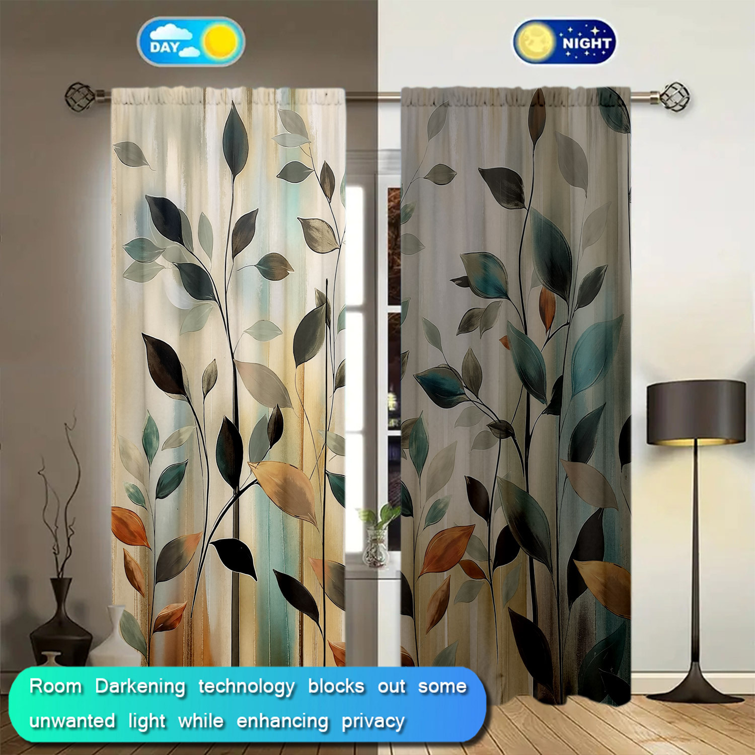 2枚パネルの抽象的な葉っぱプリントカーテン、モダンアートポリ - Home Office Room Inspiration のレビューと価格