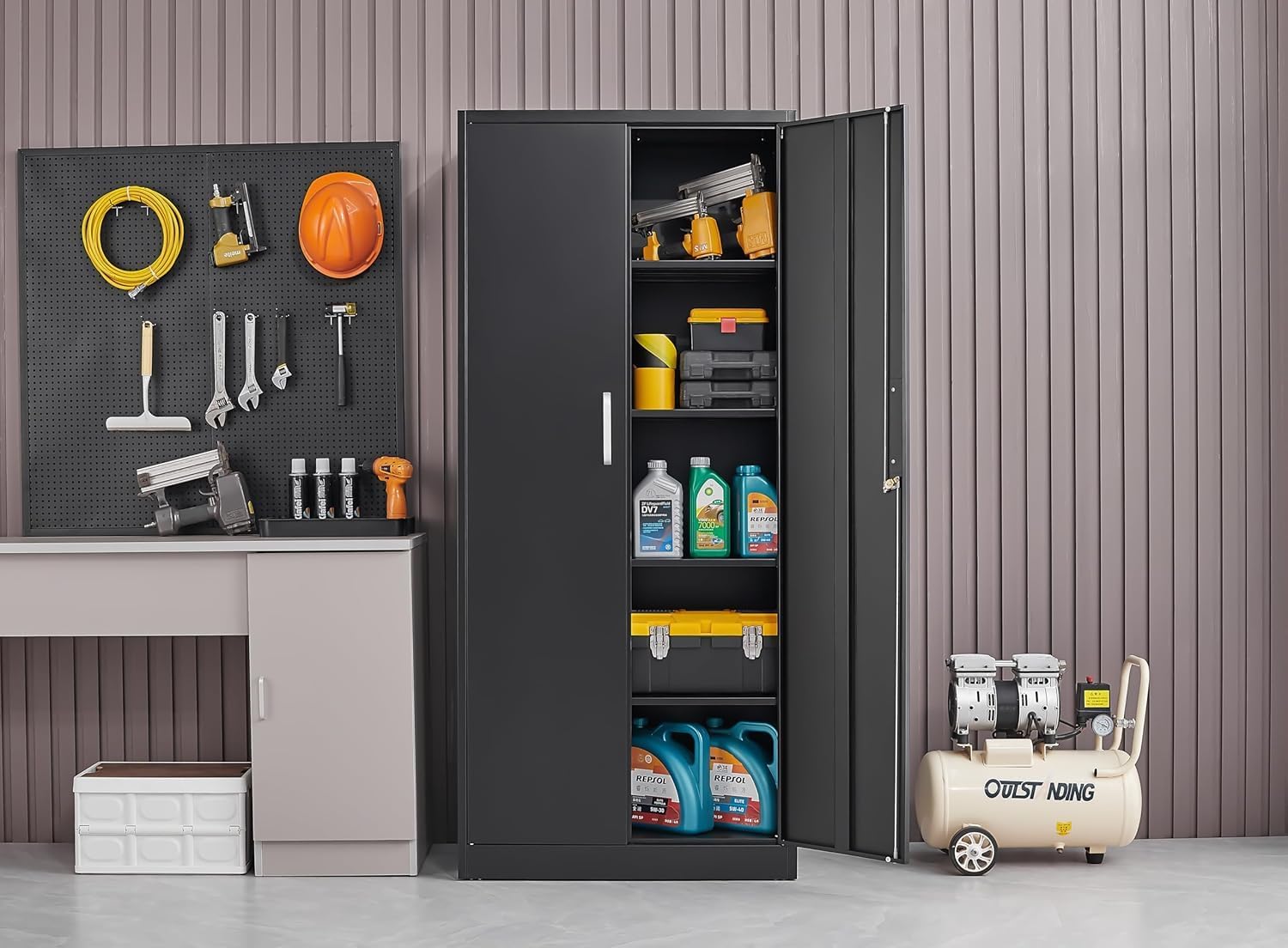 調節可能な棚付き金属製収納キャビネット ドアと棚付きの黒いガ - Home Office Kitchen のレビューと価格